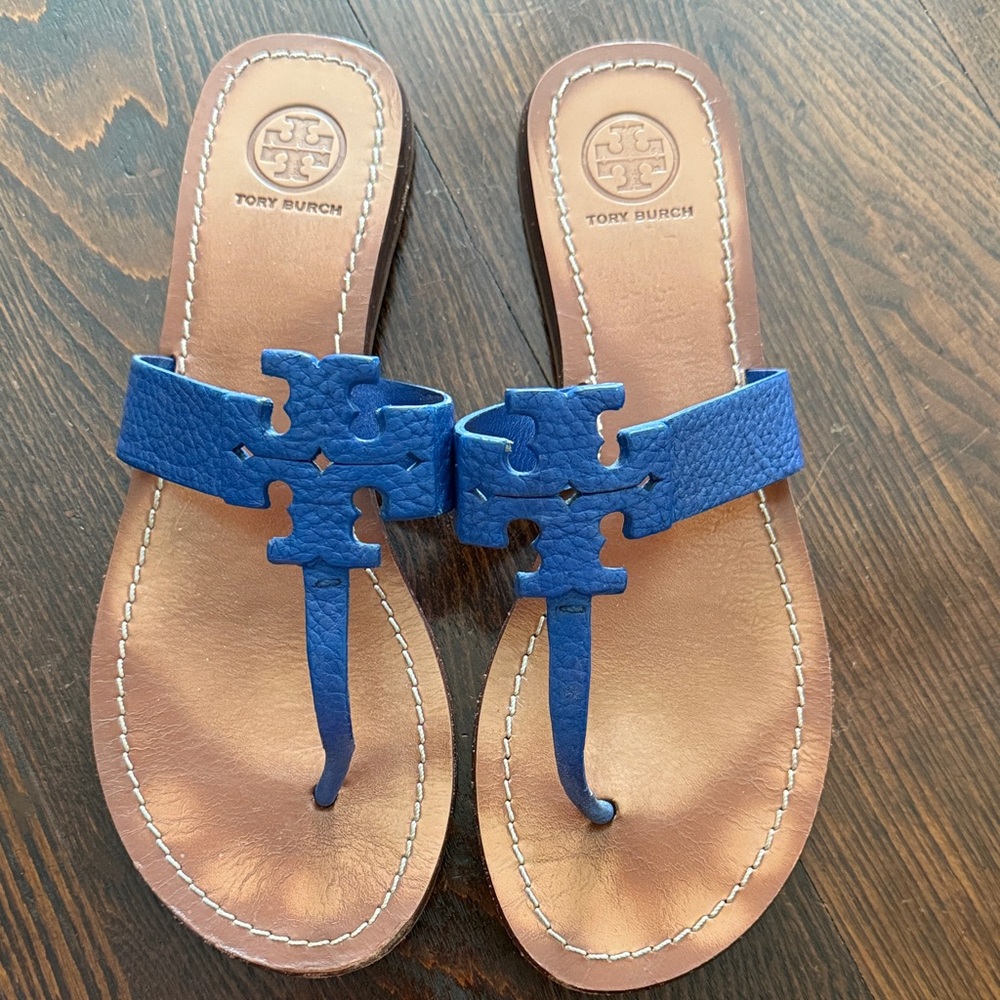 Tory Burch Royal Blue Leather Logo Thong Sandals